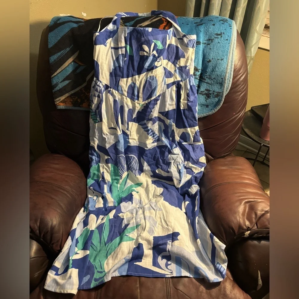 NWT White Closet Elements Maxi Blue & White HalterNeck Dress LINEN SZ large - Picture 3 of 6